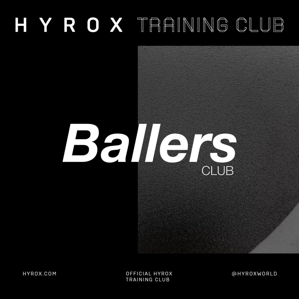 Visuel montrant l’affiliation officielle entre Ballers Club et Hyrox, avec le logo Ballers Club en blanc