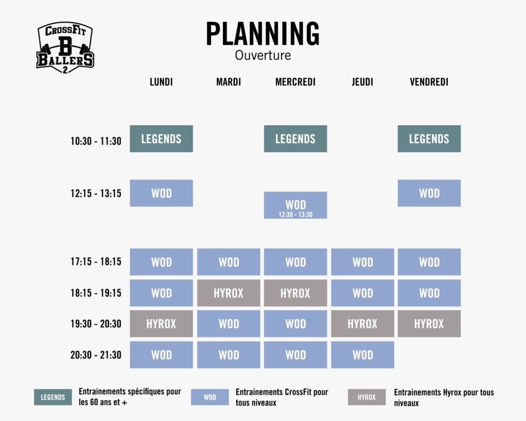 Planning des cours de CrossFit Ballers 2, valable pendant la période d’ouverture, incluant les WOD, les cours Hyrox et les cours Légends pour les 60 ans et plus.