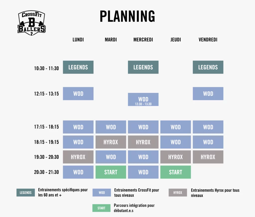 Planning des cours de CrossFit Ballers 2, valable pendant la période d’ouverture, incluant les WOD, les cours Hyrox et les cours Légends pour les 60 ans et plus.