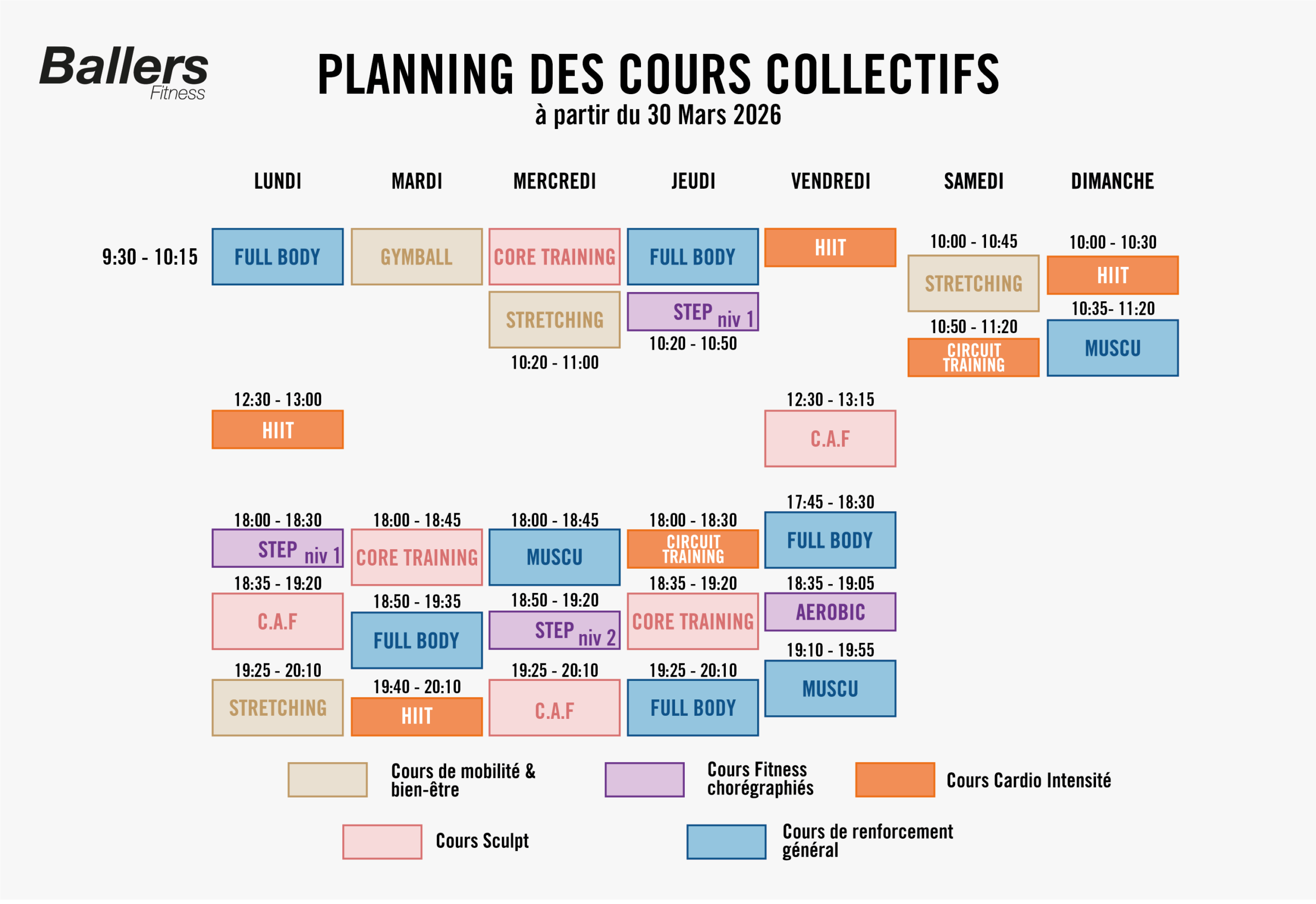 Planning des cours collectifs de Ballers Club, valable du 3 novembre 2025 au 4 janvier 2026, incluant des cours de renforcement général, pour sculpter son corps, de chorégraphie en musique et des séances intensives.