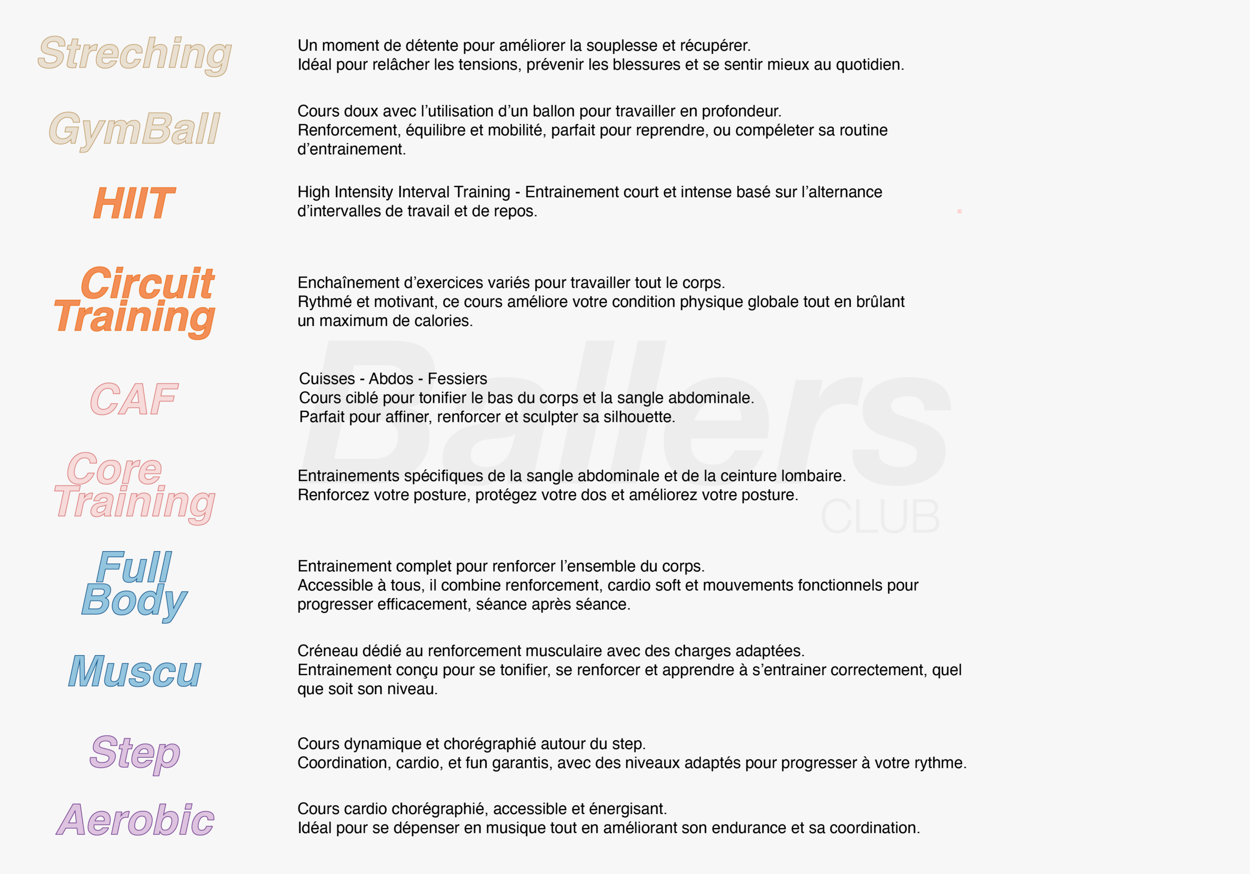 Cours collectifs fitness et cross training : HIIT, circuit training, CAF, musculation, stretching, full body et cardio