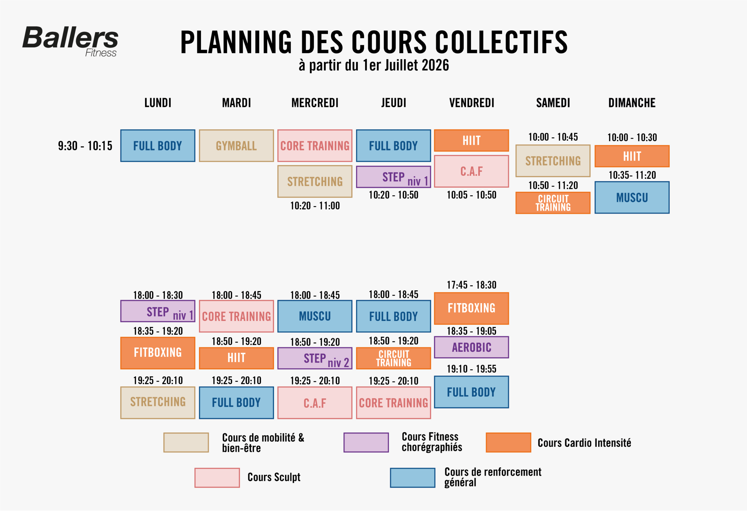 Planning des cours collectifs de Ballers Club, valable du 3 novembre 2025 au 4 janvier 2026, incluant des cours de renforcement général, pour sculpter son corps, de chorégraphie en musique et des séances intensives.